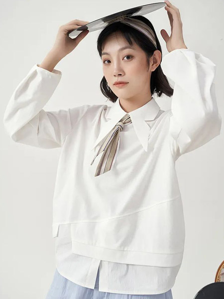 古树叶女装品牌2022春夏纯色白色韩版快时尚小清新文艺范不规则衬衫