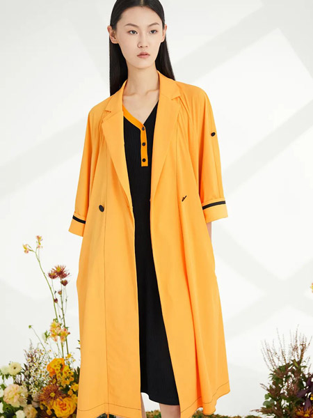印象草原女裝品牌2022春夏撞色橘色韓版通勤風慵懶風中袖風衣