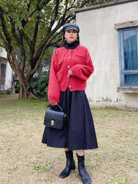 唯美印象女装品牌2022春季红色韩版淑女慵懒风针织衫