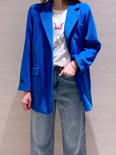 提图斯(TITSOO)女装品牌2022春夏纯色蓝色韩版快时尚商务通勤风百搭外套