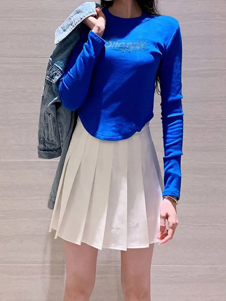 提图斯(TITSOO)女装品牌2022春夏纯色蓝色韩版淑女休闲百搭修身长袖