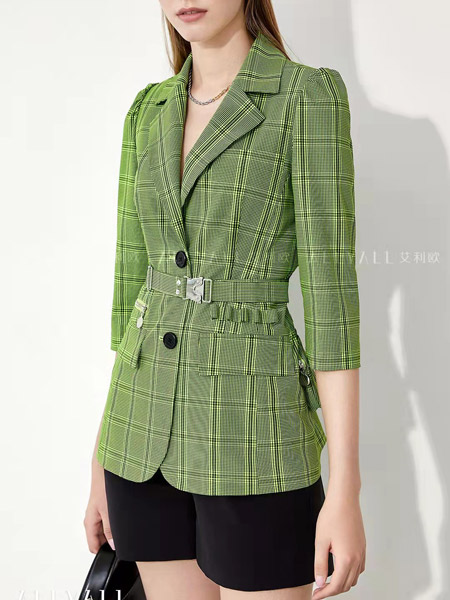 艾利欧女装品牌2022春夏绿色韩版淑女商务通勤风小香风名媛格子外套