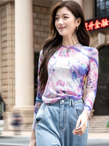 艾利欧女装品牌2022春夏紫色粉色韩版休闲街头范摇滚欧美修身长袖