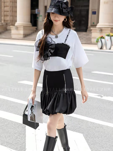艾利欧女装品牌2022春夏韩版快时尚休闲街头范通勤风港风学院印花套装