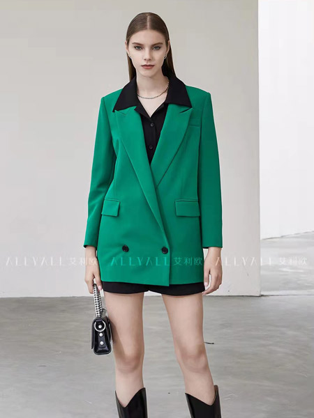 艾利欧女装品牌2022春夏绿色韩版淑女快时尚商务通勤风百搭成熟英伦中长款外套
