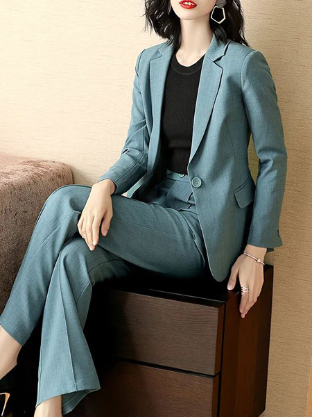 海青蓝女装品牌2022春夏绿色韩版快时尚商务森系通勤风成熟英伦个性时尚中性风西装套装