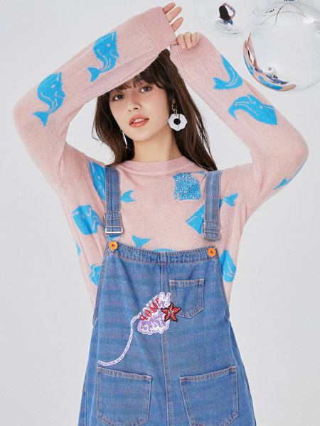 米可芭娜女装品牌2022春夏粉色韩版小清新套头针织衫女个性撞色提花时尚潮流个性上衣