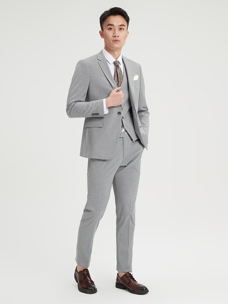 忘不了男装品牌2022春夏纯色灰色英伦复古时尚简约商务个性清新一粒单扣套装修身职业正装西装