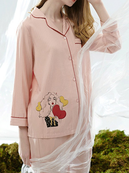 諾詩內衣品牌2022春夏粉色小清新簡約休閑翻領和風日系網紅爆款全棉透氣條紋印花家居服套裝