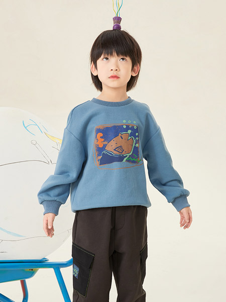 加比瑞童装品牌2022春夏蓝色欧美森系学院运动复古潮童弹力休闲户外服装印花图案卫衣