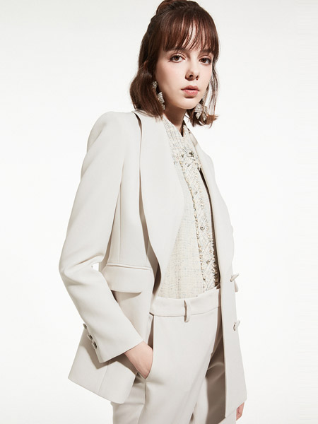 LIME FLARE女装品牌2022春夏灰白色成熟英伦复古西装外套气质纯色长袖浅色双排扣小西服