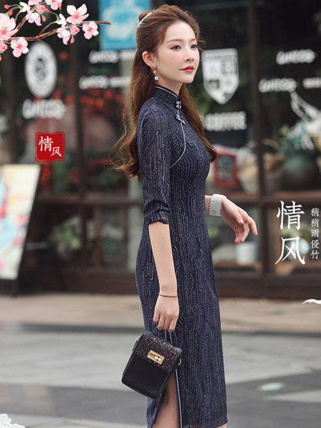 秀观唐女装品牌2022春夏黑色成熟气质改良修身蕾丝中长款复古中国风高雅旗袍裙