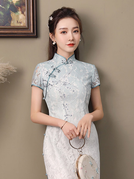 秀观唐女装品牌2022春夏蓝色清新时尚改良蕾丝复古定位印花修身优雅中国风旗袍