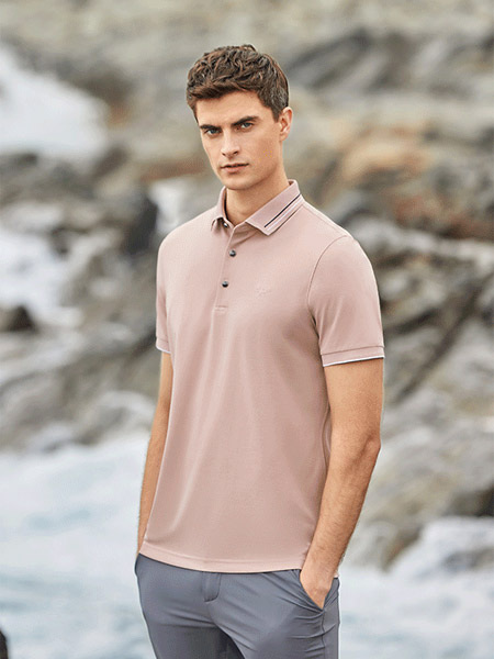 艾法利男装品牌2022夏季粉色纯色欧美休闲英伦原宿个性清新百搭修身条纹短袖Polo衫