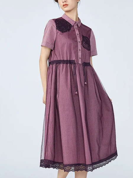 一城画一女装品牌2022夏季深紫色复古风文艺范韩版淑女气质款短袖波点蕾丝宽松连衣裙