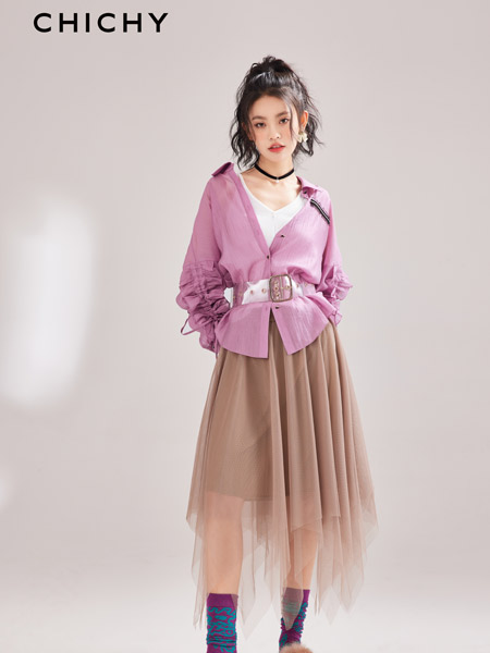CHICHY女装品牌2022春夏紫色纯色韩版名媛快时尚复古风个性慵懒风短款长袖设计感衬衫