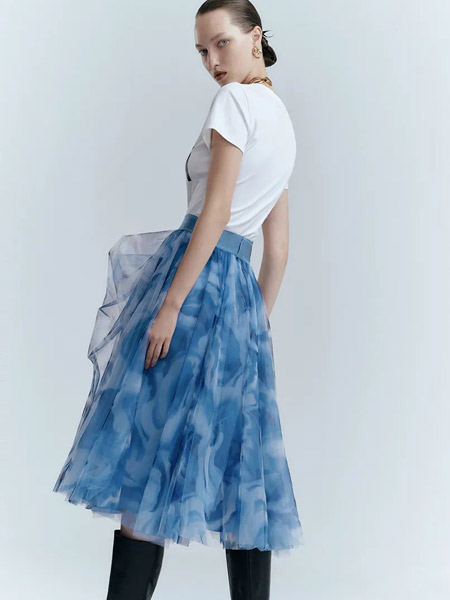 朗美睿女装品牌2022夏季蓝色气质款森系时尚日系淑女森系百搭高腰中长款半身裙