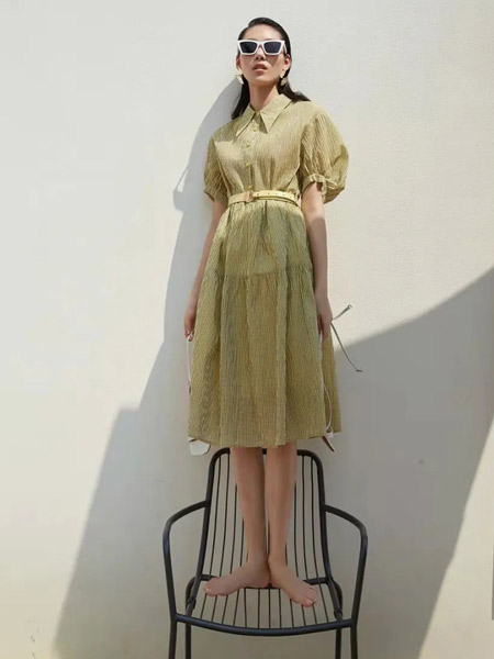 吉米赛欧女装品牌2022夏季纯色绿色日系淑女商务森系文艺范女神复古风气质款连衣裙