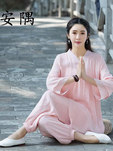 苏夏SUXIA女装品牌2022夏季纯色粉色中国风复古风气质款森系小清新简约气质款长袖套装