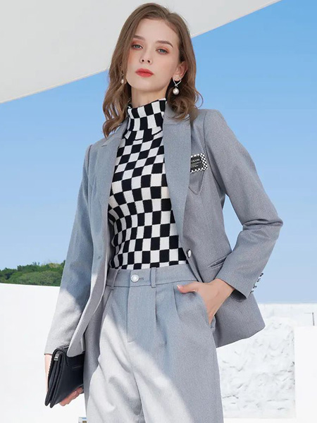 珈姿·莱尔女装品牌2022夏季灰色纯色日系快时尚商务通勤风文艺范英伦气质款短款外套西装