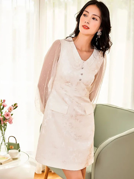 珈姿·莱尔女装品牌2022夏季纯色白色韩版复古风名媛气质款优雅女神商务复古裙装