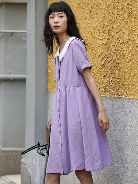 BUKHARA布卡拉女装品牌2022夏季紫色纯色韩版原宿小公举文艺范宽松简约蕾丝翻领连衣裙