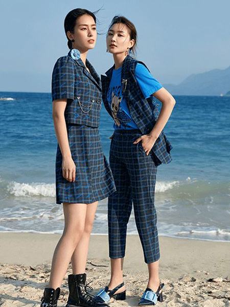 媛帆Yuanfan女装品牌2022夏季蓝色复古风商务名媛格子裙装