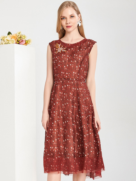 敦奴女装品牌2022夏季红色复古风气质款波点连衣裙