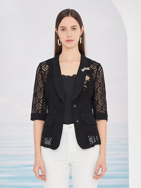 敦奴女装品牌2022夏季纯色黑色韩版蕾丝刺绣短款外套