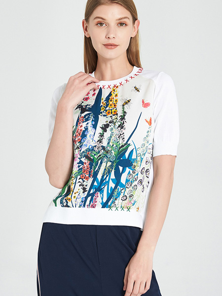 敦奴女装品牌2022夏季白色中国风港风印花短款T恤