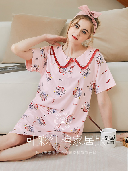 韩彩内衣品牌2022夏季粉色娃娃领满印时尚睡裙家居服
