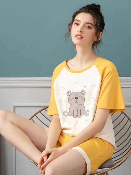 韩彩内衣品牌2022夏季撞色小熊印花短袖短款家居服套装