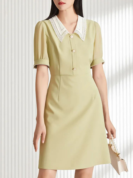 迪图女装品牌2022夏季绿色日系商务名媛气质款蕾丝连衣裙