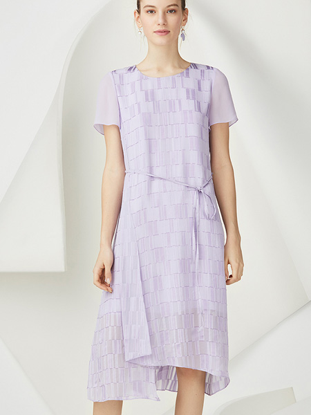 海兰丝女装品牌2022春夏紫色格子不规则宽松连衣裙