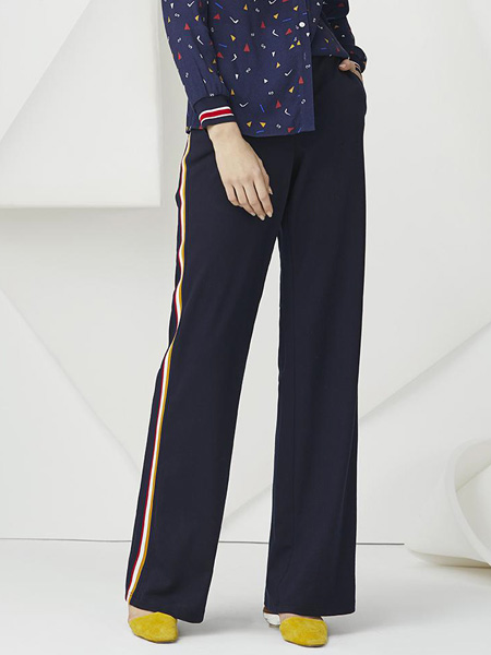 海兰丝女装品牌2022春夏黑色撞色条纹潮流休闲长裤