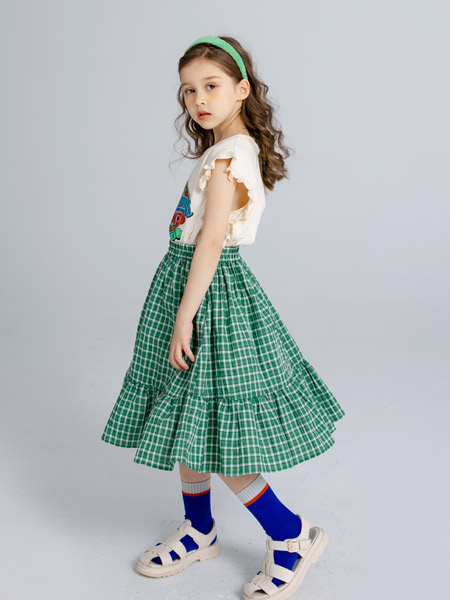 洛小米童装品牌2022夏季绿色格纹小清新长款半身裙
