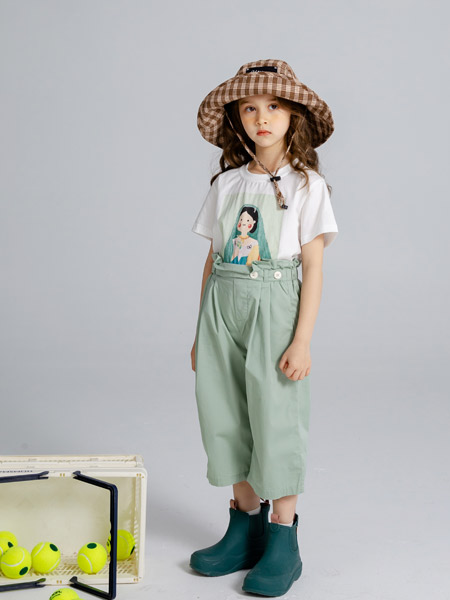 洛小米童装品牌2022夏季绿色简约学院风高腰七分裤