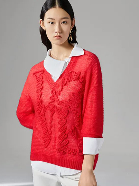 丽莫女装品牌2022夏季红色慵懒风V领中袖针织衫
