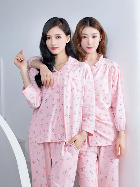 欧林雅内衣品牌2022夏季粉色印花清新舒适翻领家居服套装