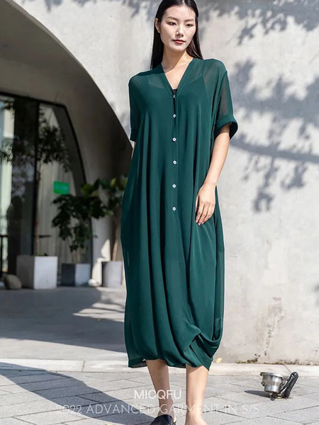 米可秋赋女装品牌2022夏季深绿色V领长款复古风连衣裙