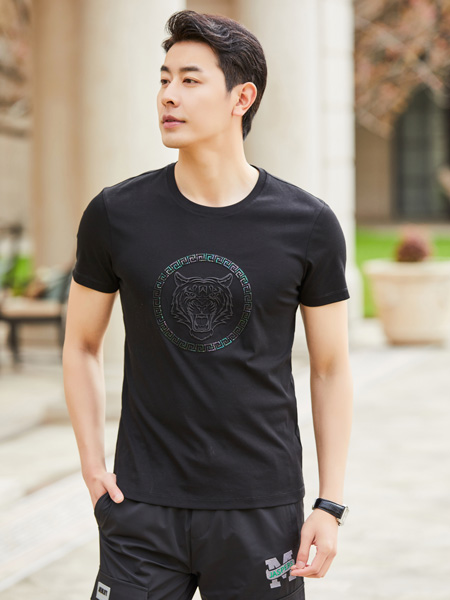 卧虎藏龙OHCL男装品牌2022夏季黑色复古弹力潮流T恤