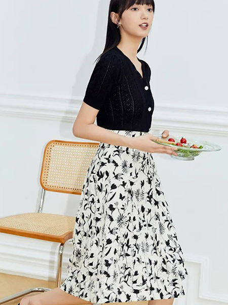 NEELLY纳俪女装品牌2022夏季韩版印花时尚高腰半身裙