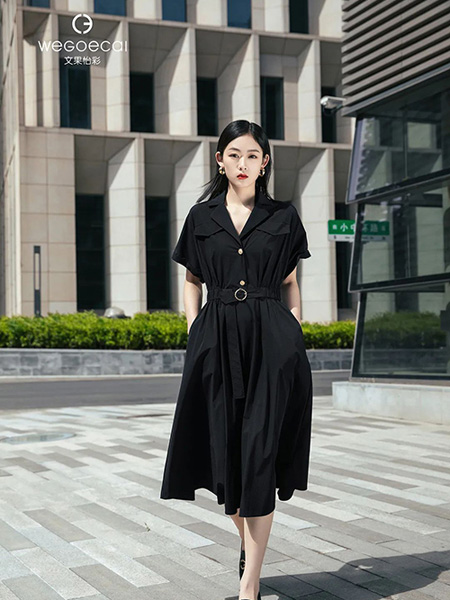文果怡彩女装品牌2022夏季黑色成熟收腰时尚连衣裙