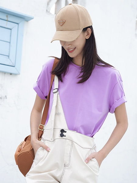 子容女装品牌2022夏季紫色纯色运动透气百搭T恤