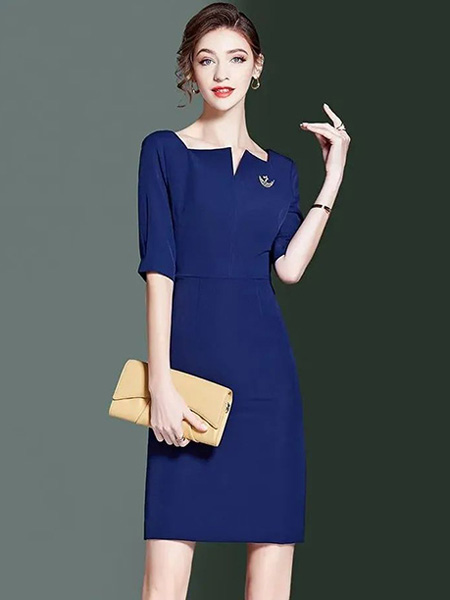 海青蓝女装品牌2022夏季蓝色成熟中袖优雅连衣裙