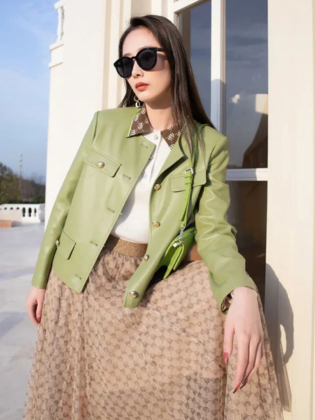 JUST&TH女装品牌2022夏季绿色短款原宿风街头夹克