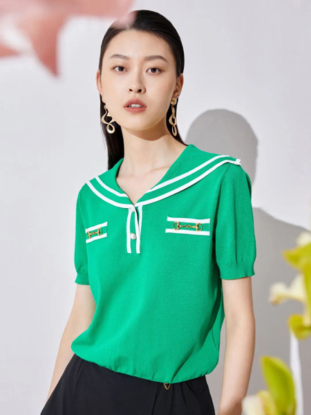 JUST&TH女装品牌2022夏季绿色小香风清新条纹上衣