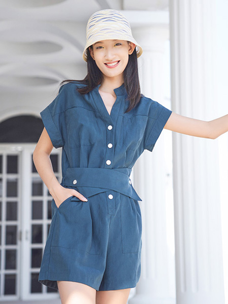 海贝女装品牌2022夏季蓝色收腰中性风气质连体衣
