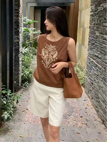 尼赫菲女装品牌2022夏季棕色无袖复古时尚T恤