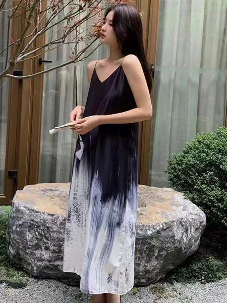 尼赫菲女装品牌2022夏季中国风原宿阔型吊带裙